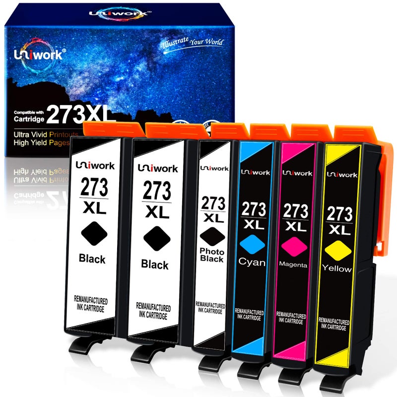 Uniwork Remanufactured Ink Cartridge Replacement for Epson 273 XL 273XL T273XL use for XP820 XP810 XP800 XP620 XP610 XP600 XP520 Printer (2 Black, 1 Photo Black, 1 Cyan, 1 Magenta, 1 Yellow), 6 Pack - Image 1